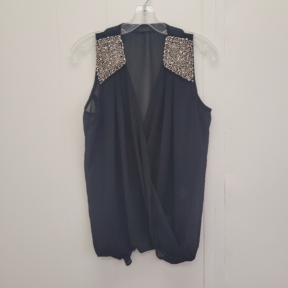 ANGL Sleeveless Beaded Shoulder Draped Sheer Top